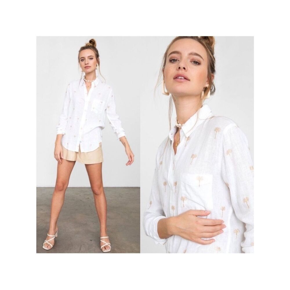 RAILS L Charli White Gold Metallic Palm Tree Long Sleeve Shirt